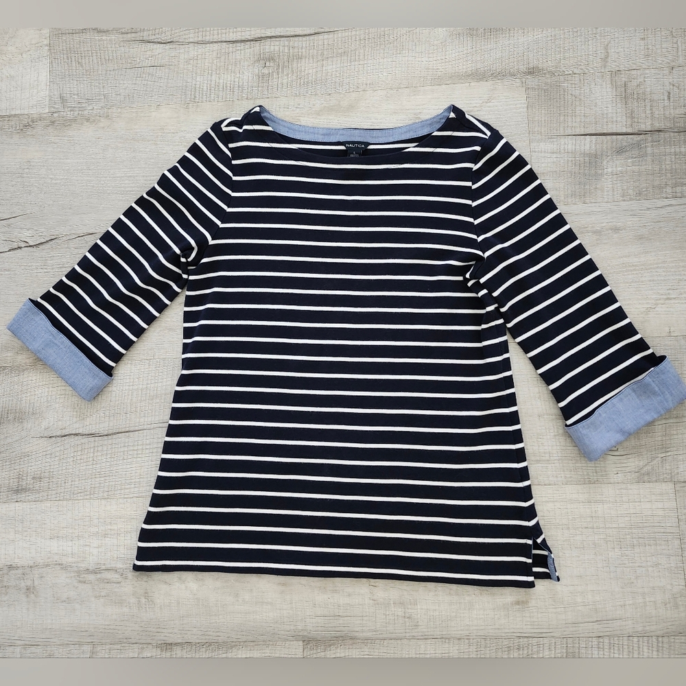 Nautica Navy and White Striped 3/4 Sleeve Top Size Large